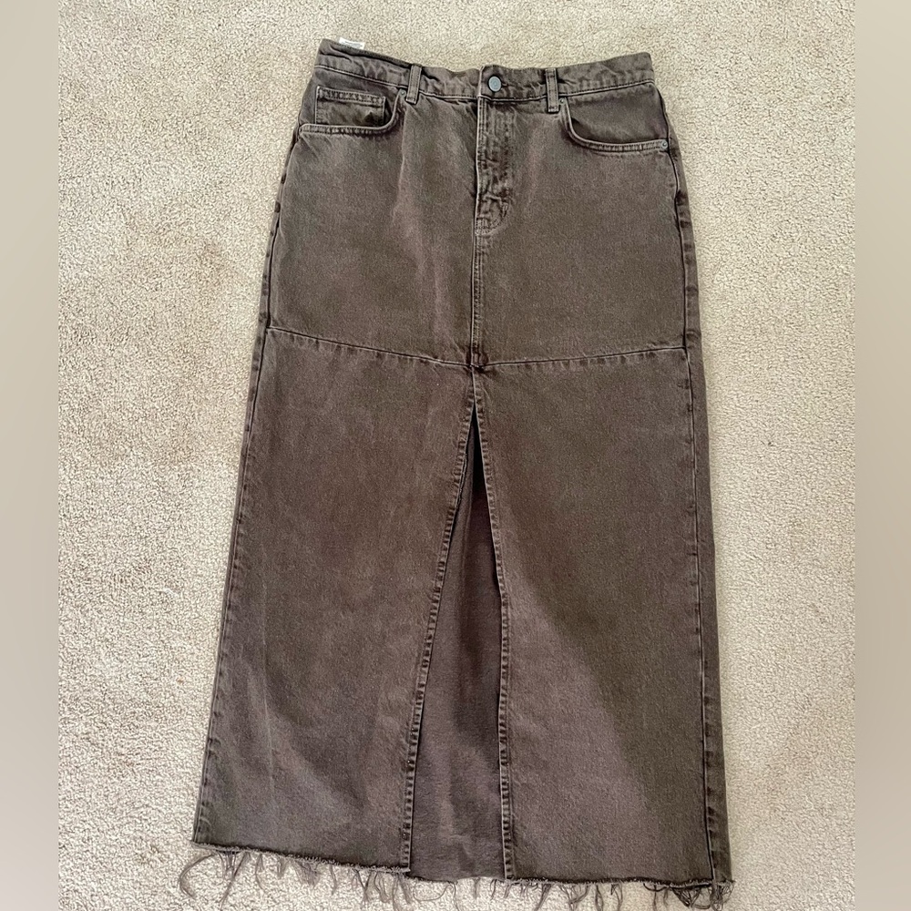Reformation Tazz Brown Denim Maxi Skirt with Front Slit